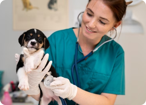 Auxiliaire spécialisée vétérinaire soignant un chiot.